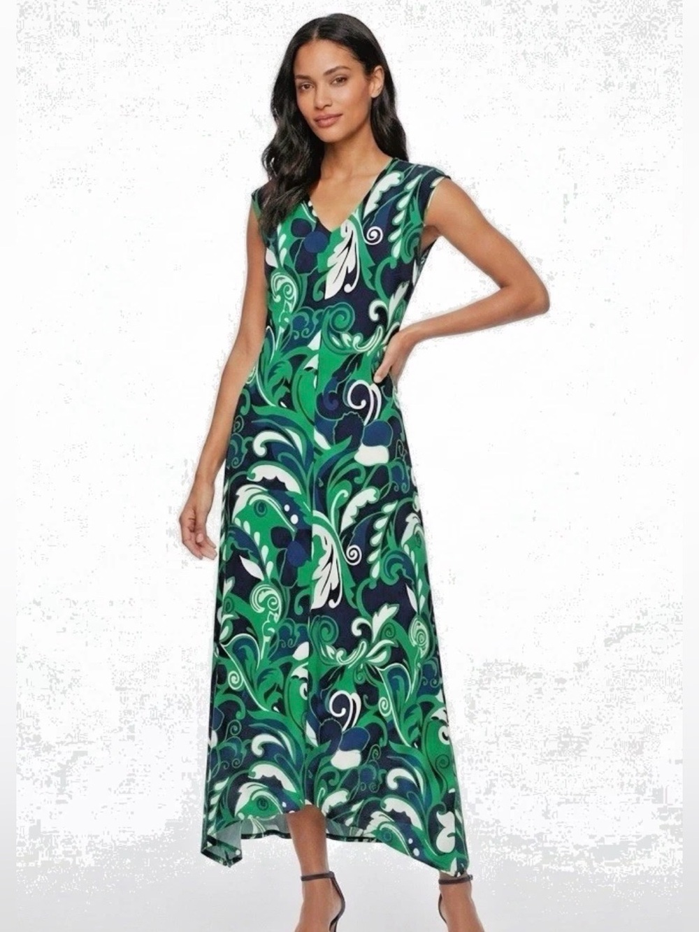 💙 Chico’s Travelers Blue Green White Sleeveless Dress Shark Bite Hem (01568)